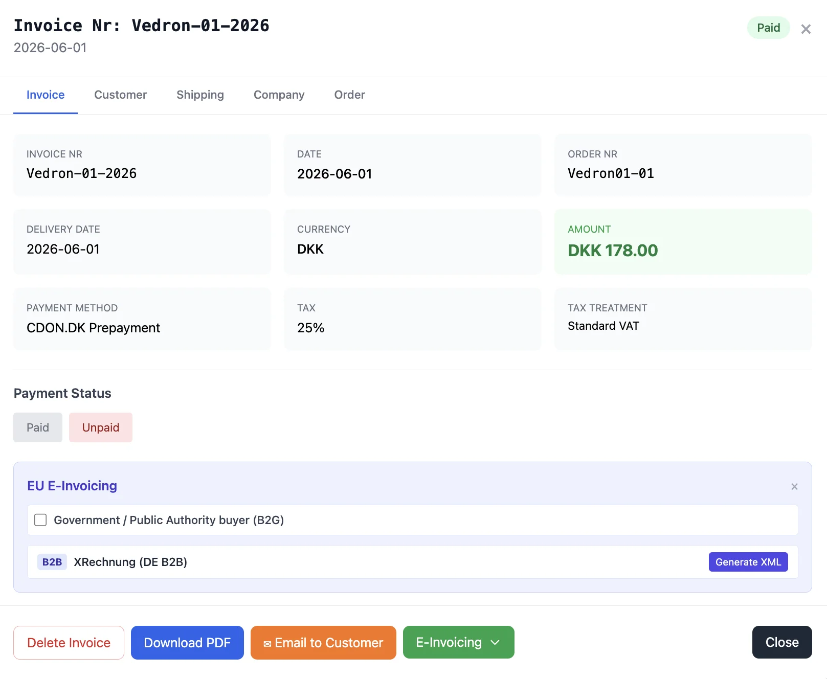 Invoices with EU e-invoicing built in: XRechnung, KSeF and country VAT handled per order.